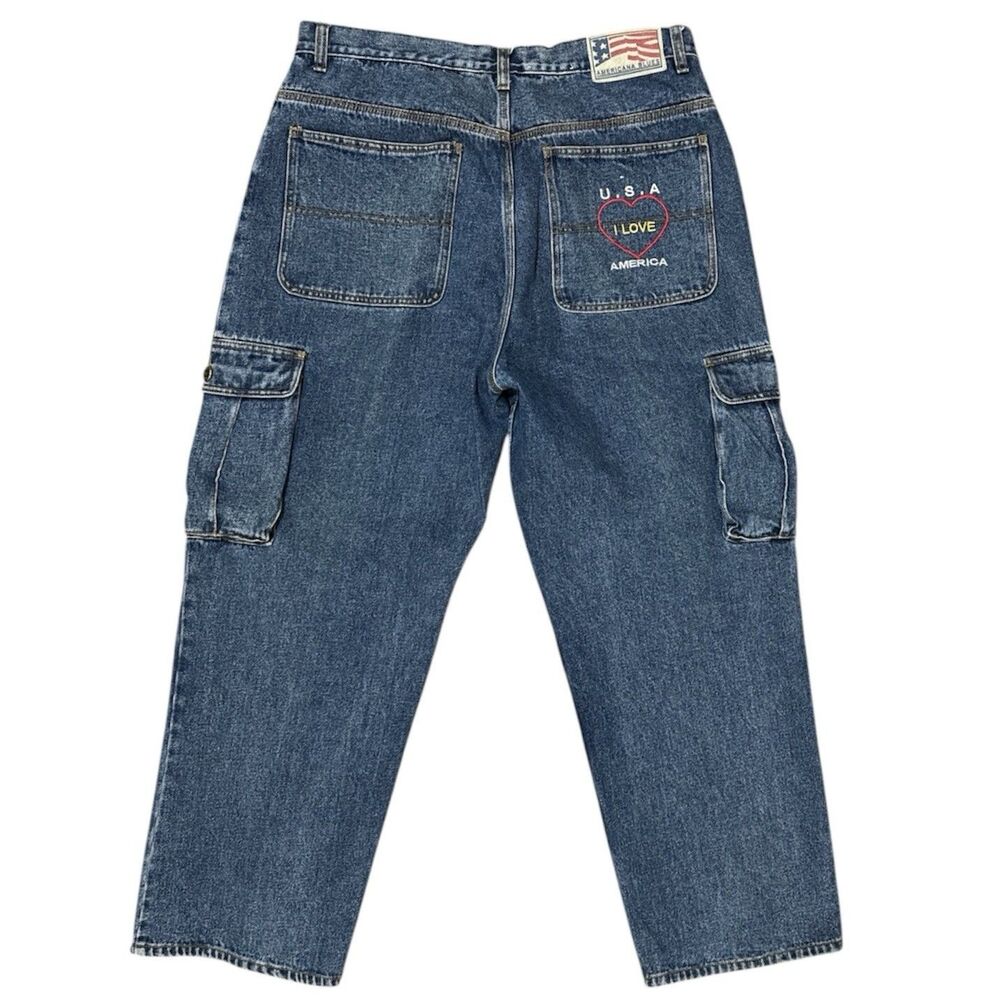 Vintage Y2K Americana Blues Cargo Jeans Baggy Denim 38X30 USA Heart Embroidered